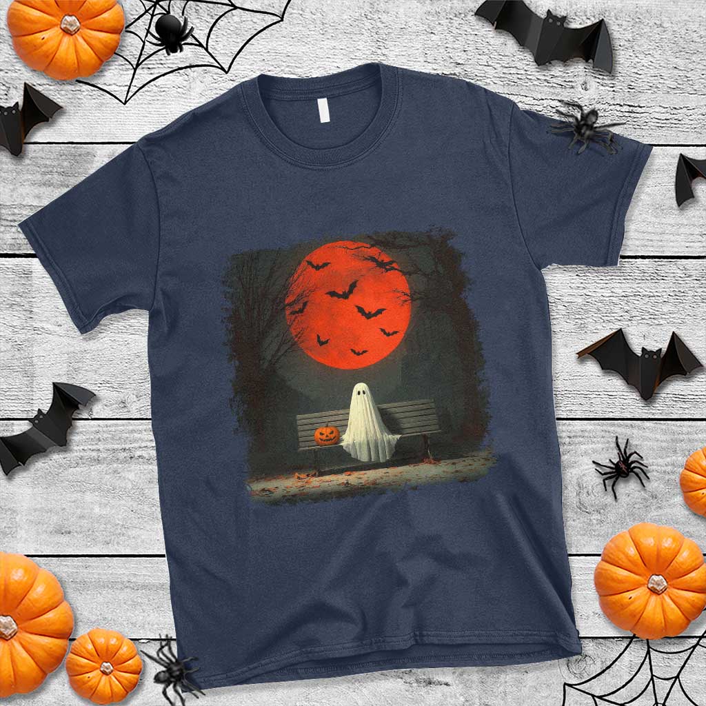 Halloween Lonely Ghost Bench Blood Moon Pumpkin T Shirt - Wonder Print Shop