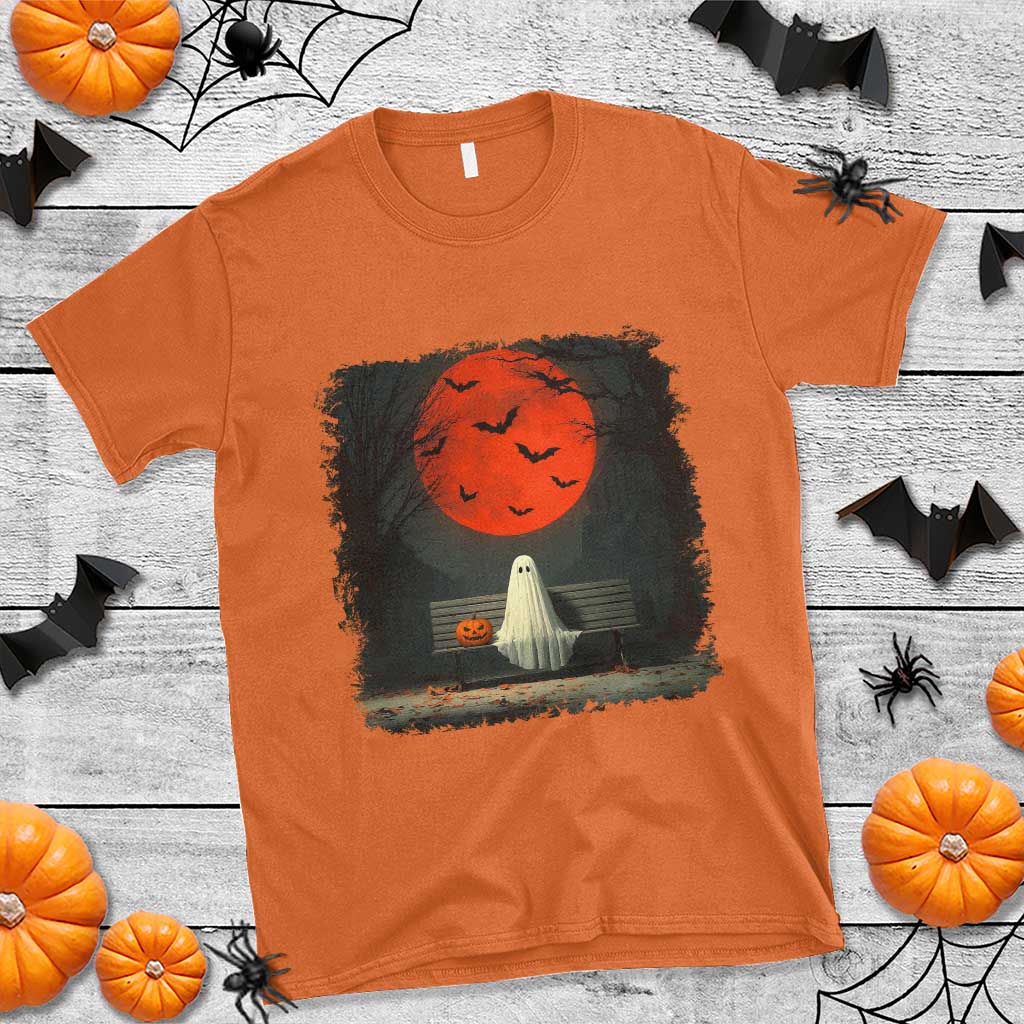 Halloween Lonely Ghost Bench Blood Moon Pumpkin T Shirt - Wonder Print Shop