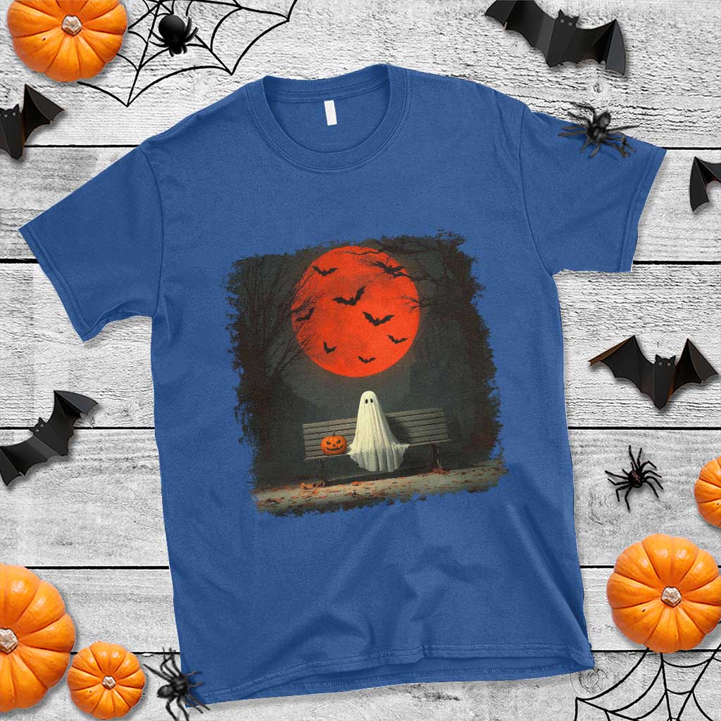 Halloween Lonely Ghost Bench Blood Moon Pumpkin T Shirt - Wonder Print Shop