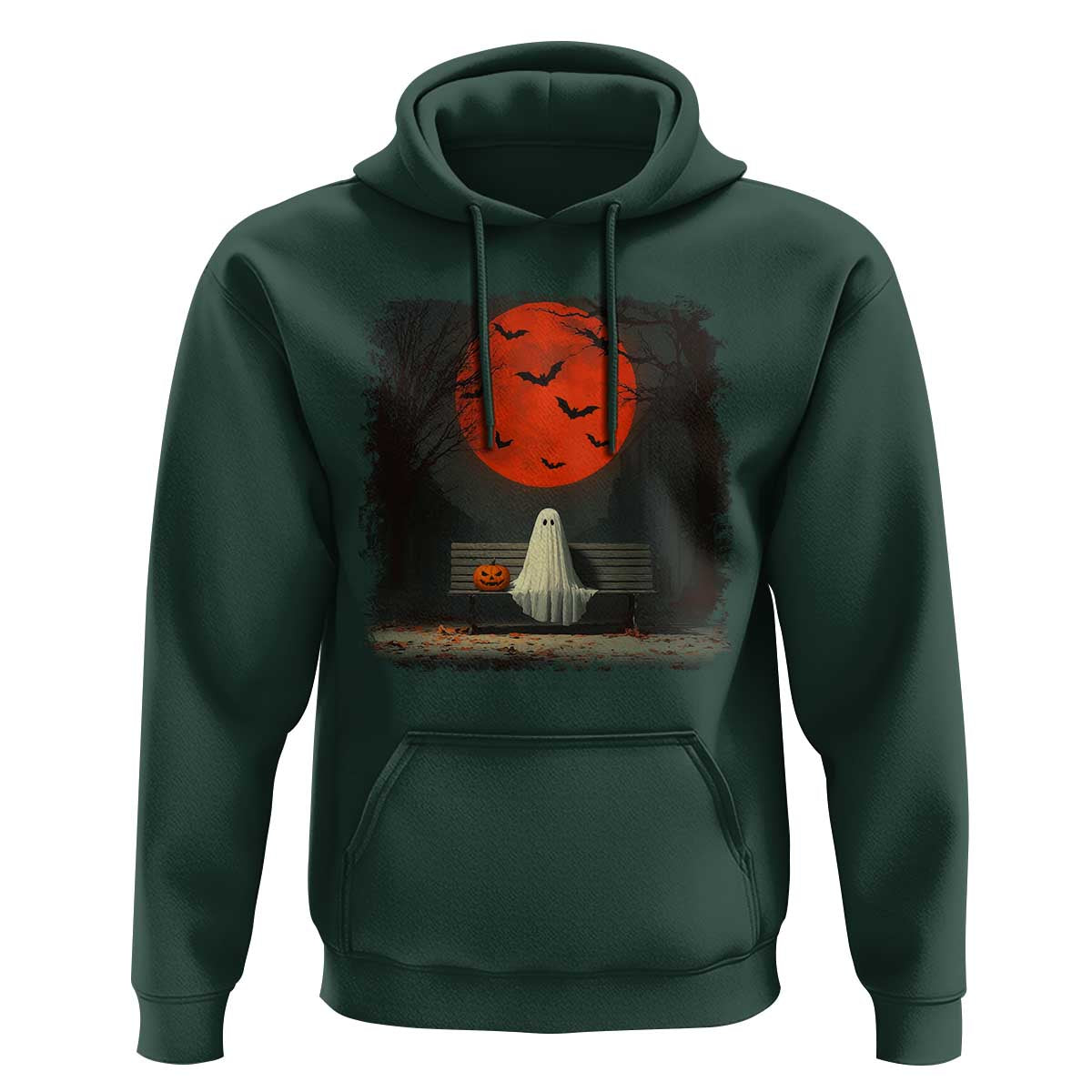 Halloween Lonely Ghost Bench Blood Moon Pumpkin Hoodie - Wonder Print Shop