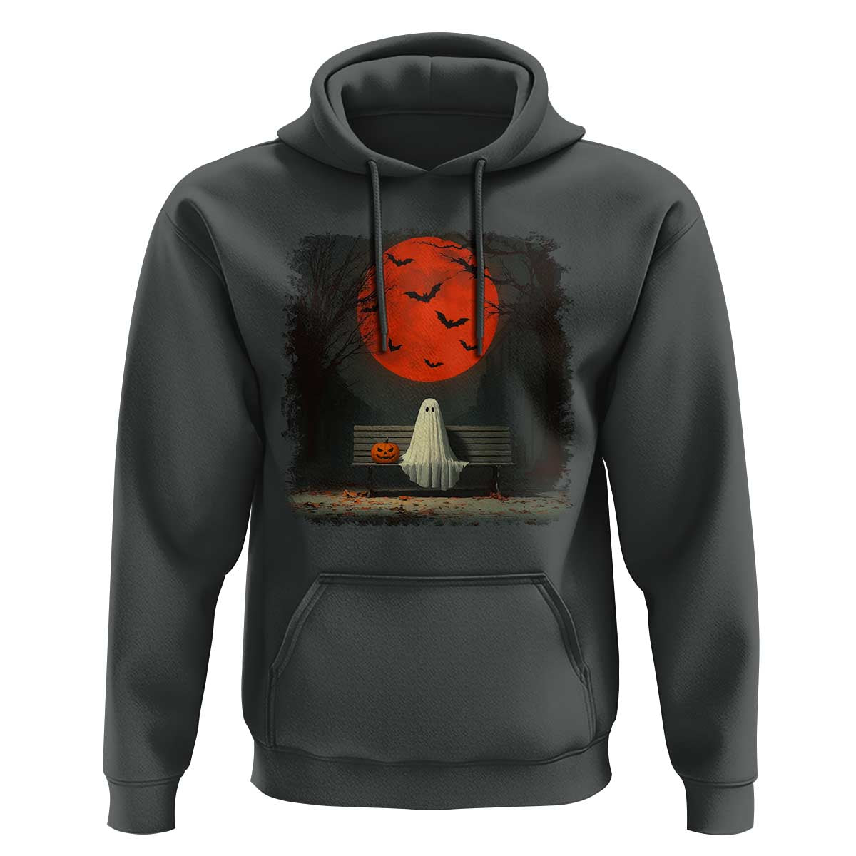 Halloween Lonely Ghost Bench Blood Moon Pumpkin Hoodie - Wonder Print Shop
