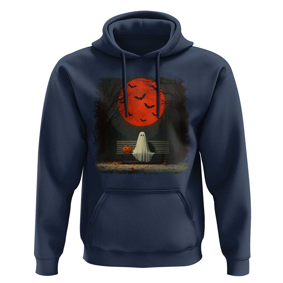Halloween Lonely Ghost Bench Blood Moon Pumpkin Hoodie - Wonder Print Shop