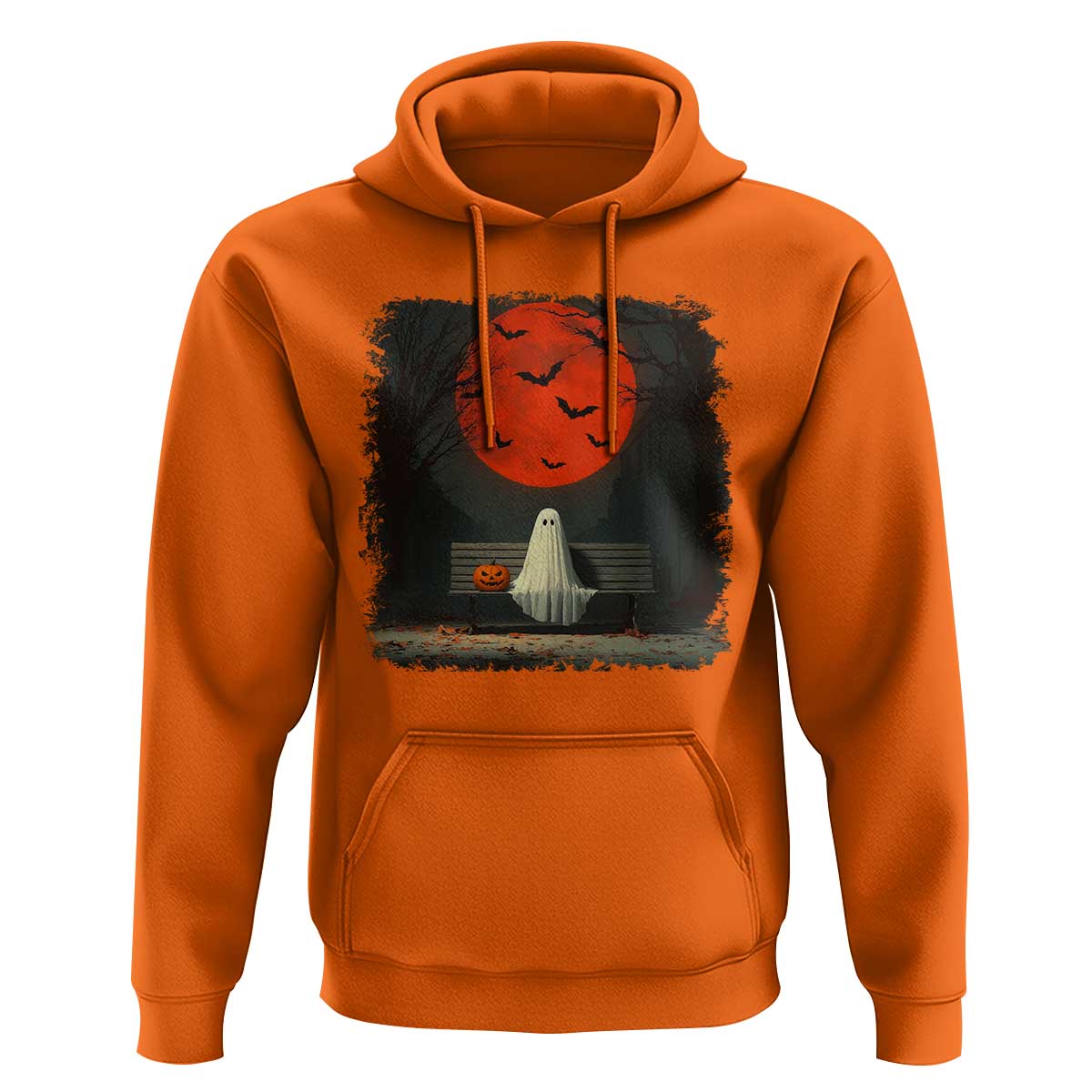 Halloween Lonely Ghost Bench Blood Moon Pumpkin Hoodie - Wonder Print Shop