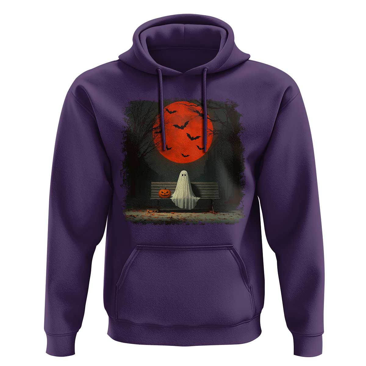 Halloween Lonely Ghost Bench Blood Moon Pumpkin Hoodie - Wonder Print Shop
