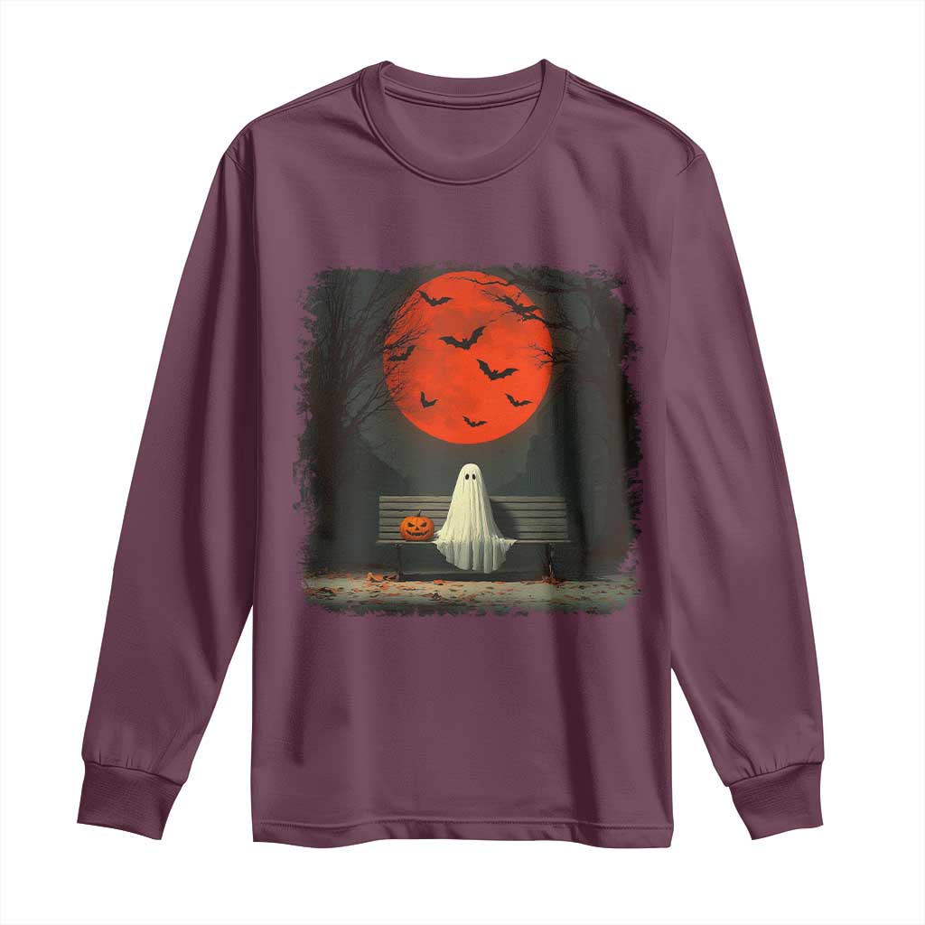 Halloween Lonely Ghost Bench Blood Moon Pumpkin Long Sleeve Shirt - Wonder Print Shop