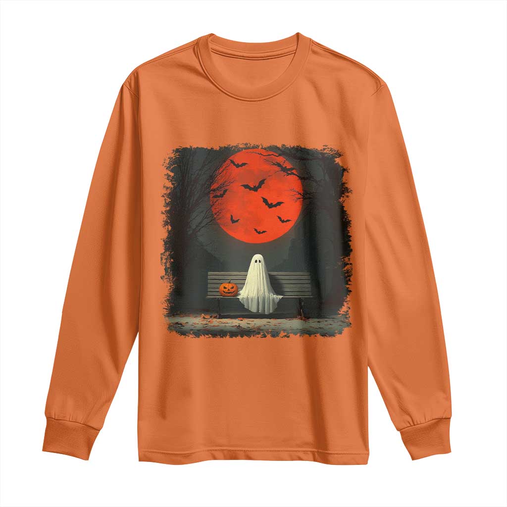 Halloween Lonely Ghost Bench Blood Moon Pumpkin Long Sleeve Shirt - Wonder Print Shop