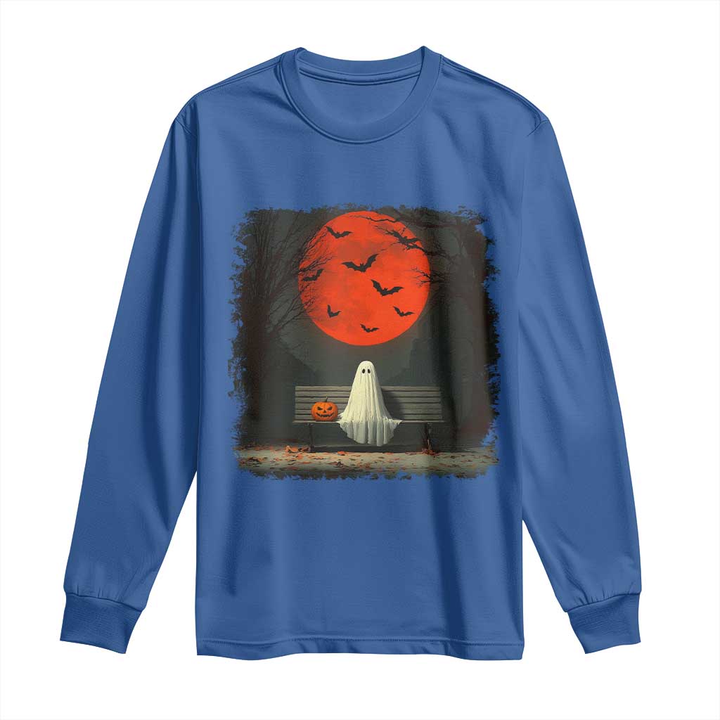 Halloween Lonely Ghost Bench Blood Moon Pumpkin Long Sleeve Shirt - Wonder Print Shop