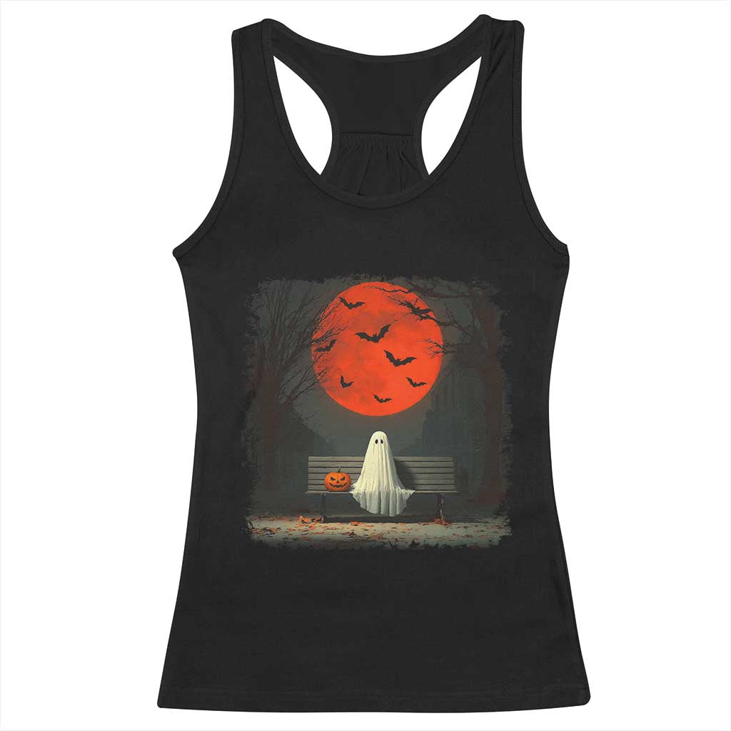Halloween Lonely Ghost Bench Blood Moon Pumpkin Racerback Tank Top - Wonder Print Shop