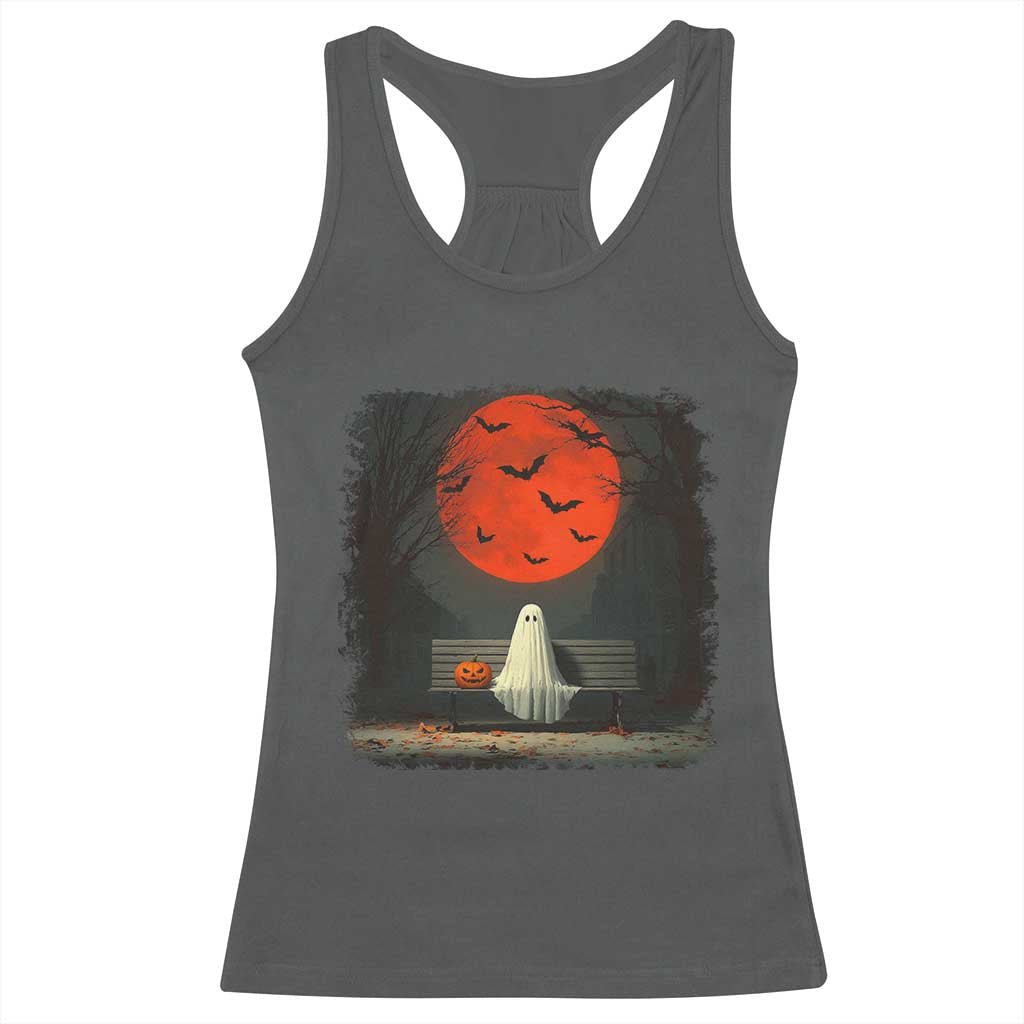 Halloween Lonely Ghost Bench Blood Moon Pumpkin Racerback Tank Top - Wonder Print Shop