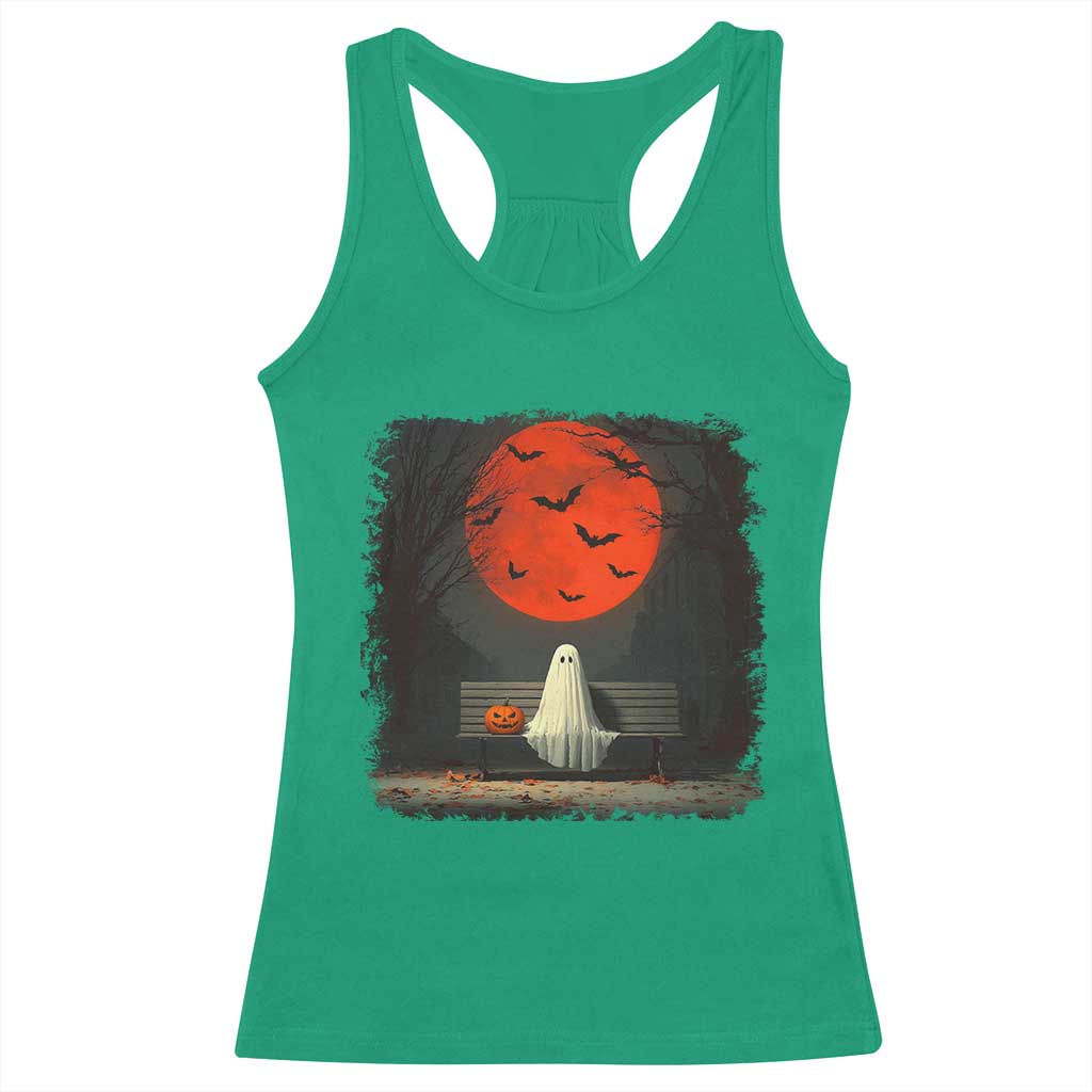 Halloween Lonely Ghost Bench Blood Moon Pumpkin Racerback Tank Top - Wonder Print Shop