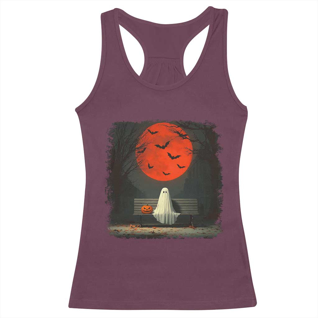 Halloween Lonely Ghost Bench Blood Moon Pumpkin Racerback Tank Top - Wonder Print Shop