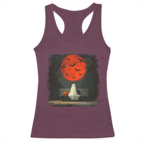 Halloween Lonely Ghost Bench Blood Moon Pumpkin Racerback Tank Top - Wonder Print Shop