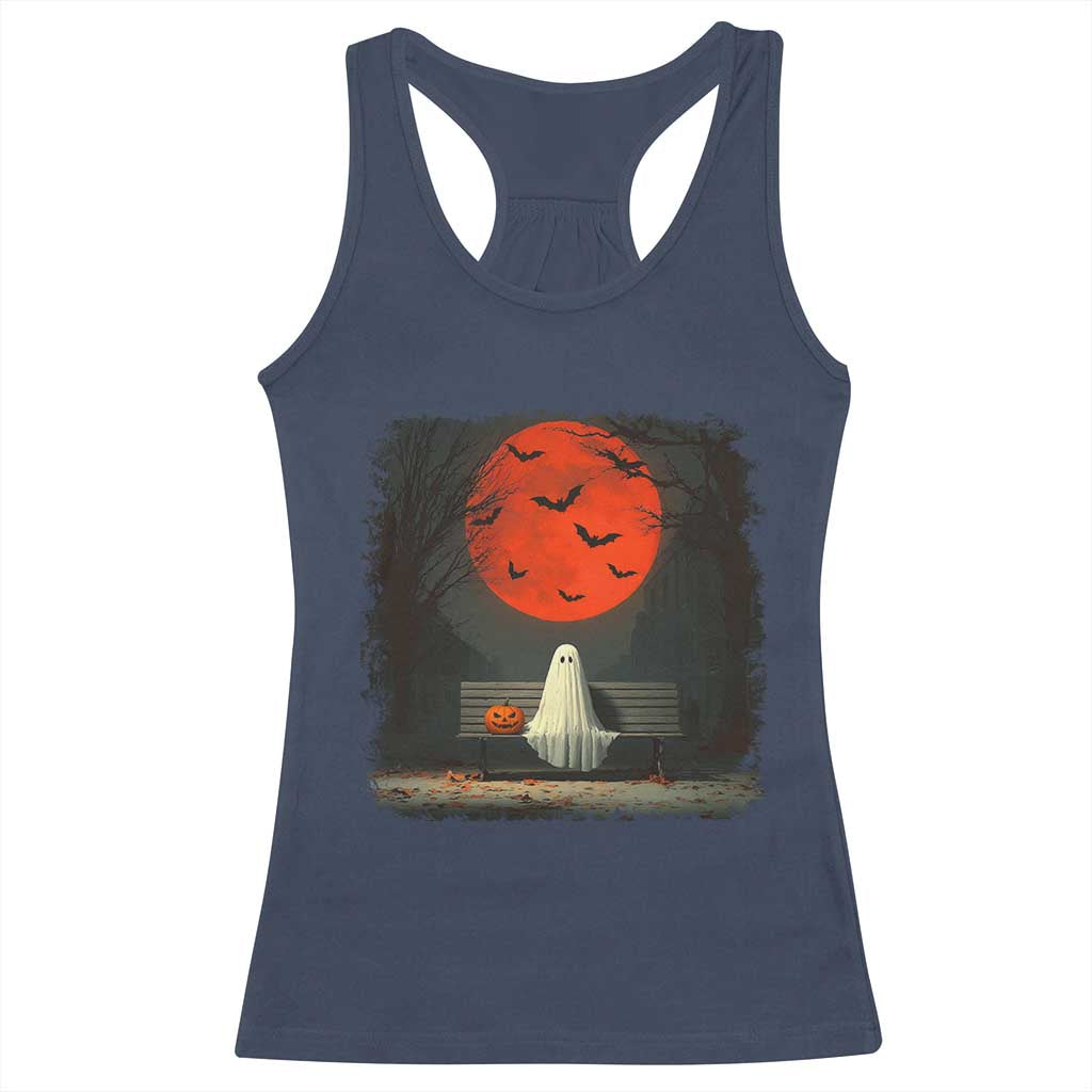 Halloween Lonely Ghost Bench Blood Moon Pumpkin Racerback Tank Top - Wonder Print Shop