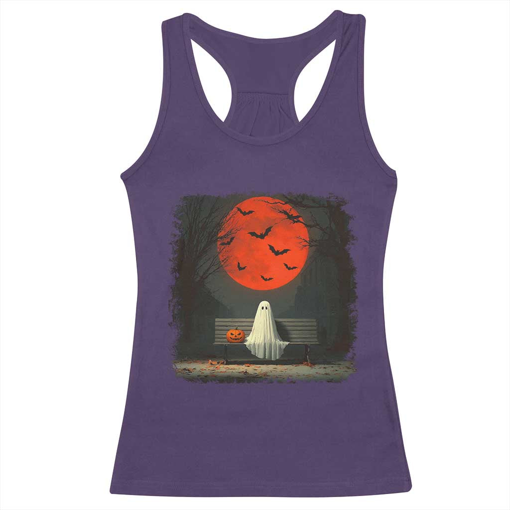 Halloween Lonely Ghost Bench Blood Moon Pumpkin Racerback Tank Top - Wonder Print Shop