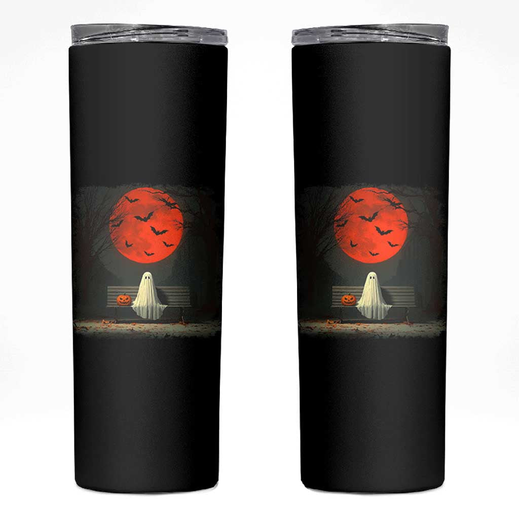 Halloween Lonely Ghost Bench Blood Moon Pumpkin Skinny Tumbler - Wonder Print Shop