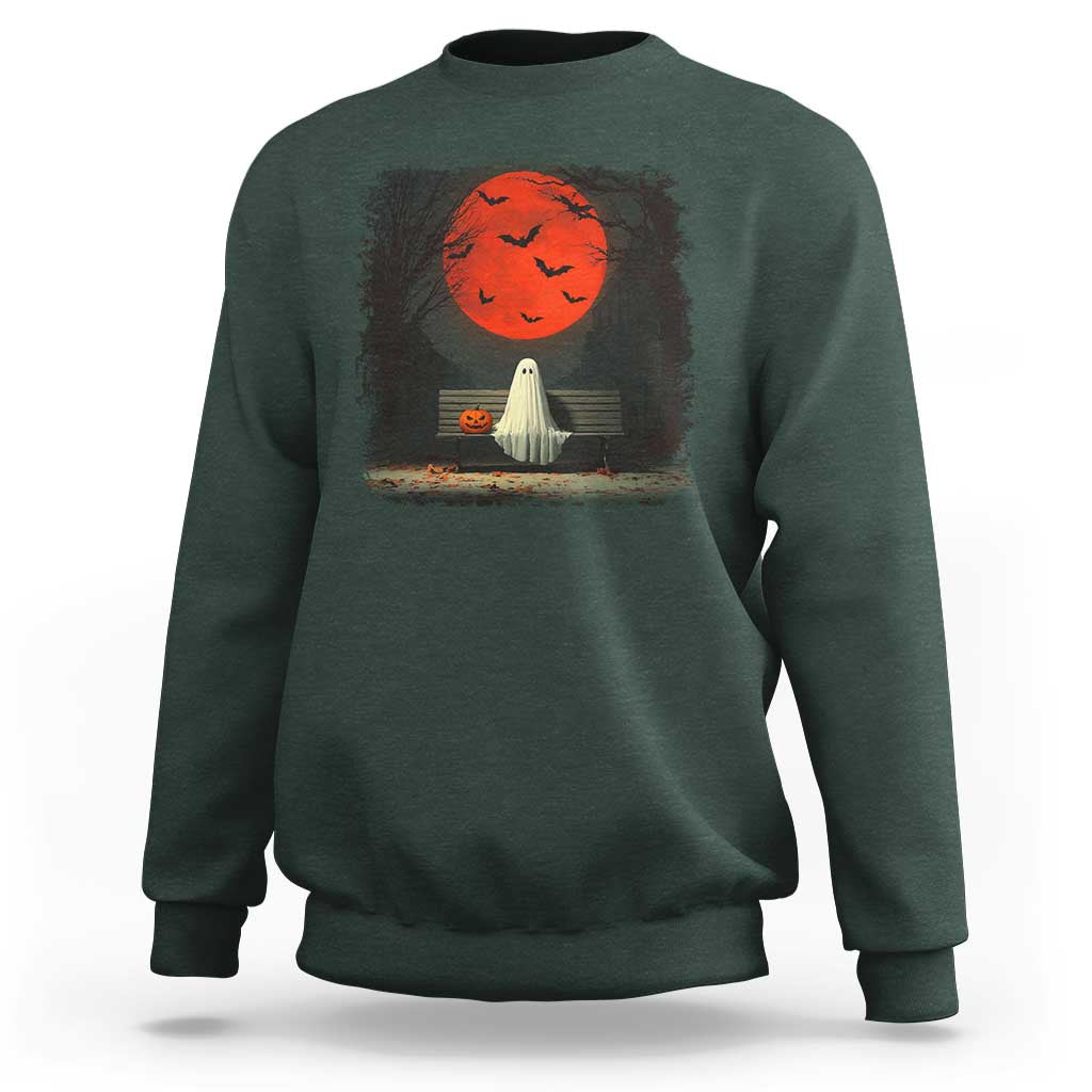 Halloween Lonely Ghost Bench Blood Moon Pumpkin Sweatshirt - Wonder Print Shop