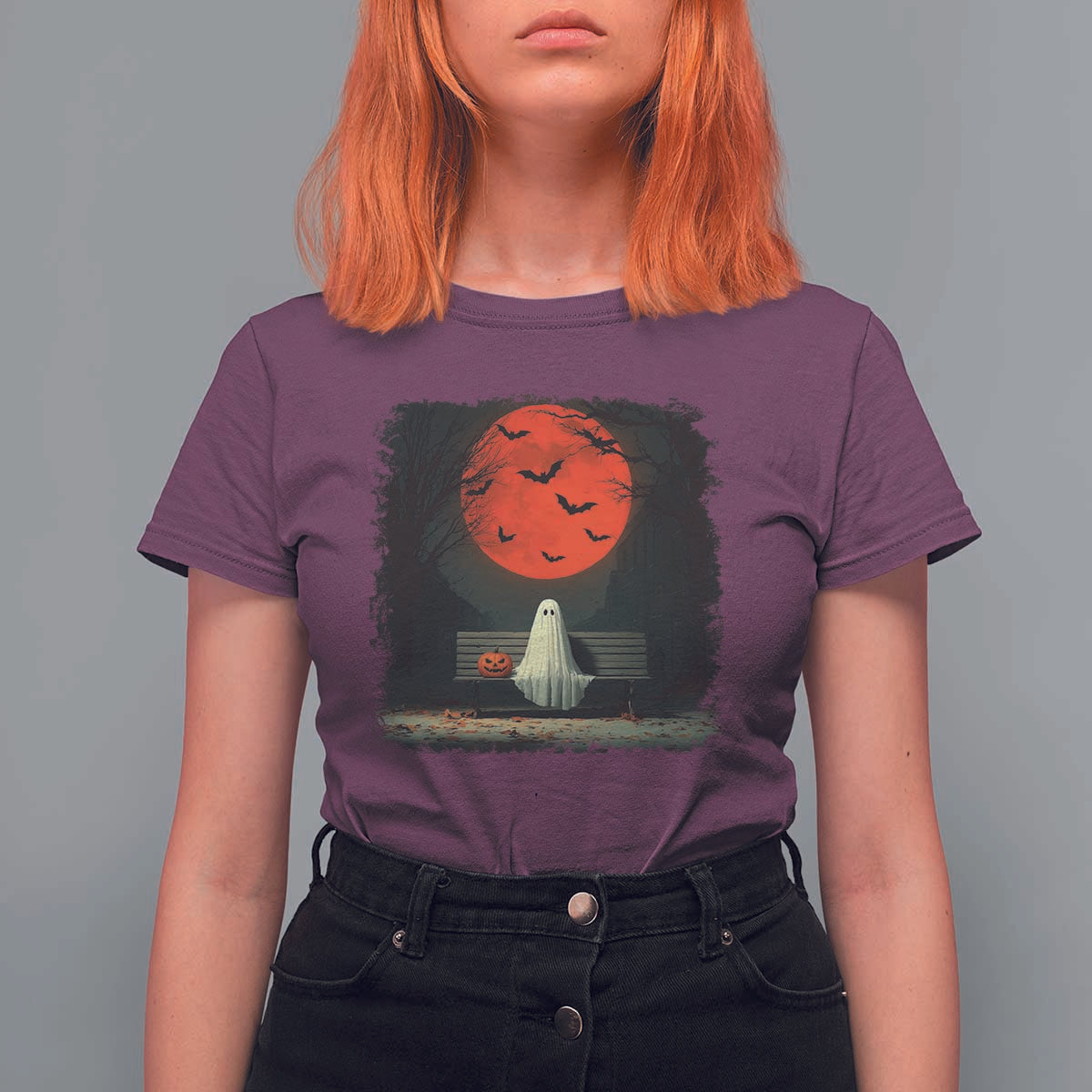 Halloween Lonely Ghost Bench Blood Moon Pumpkin T Shirt For Women - Wonder Print Shop