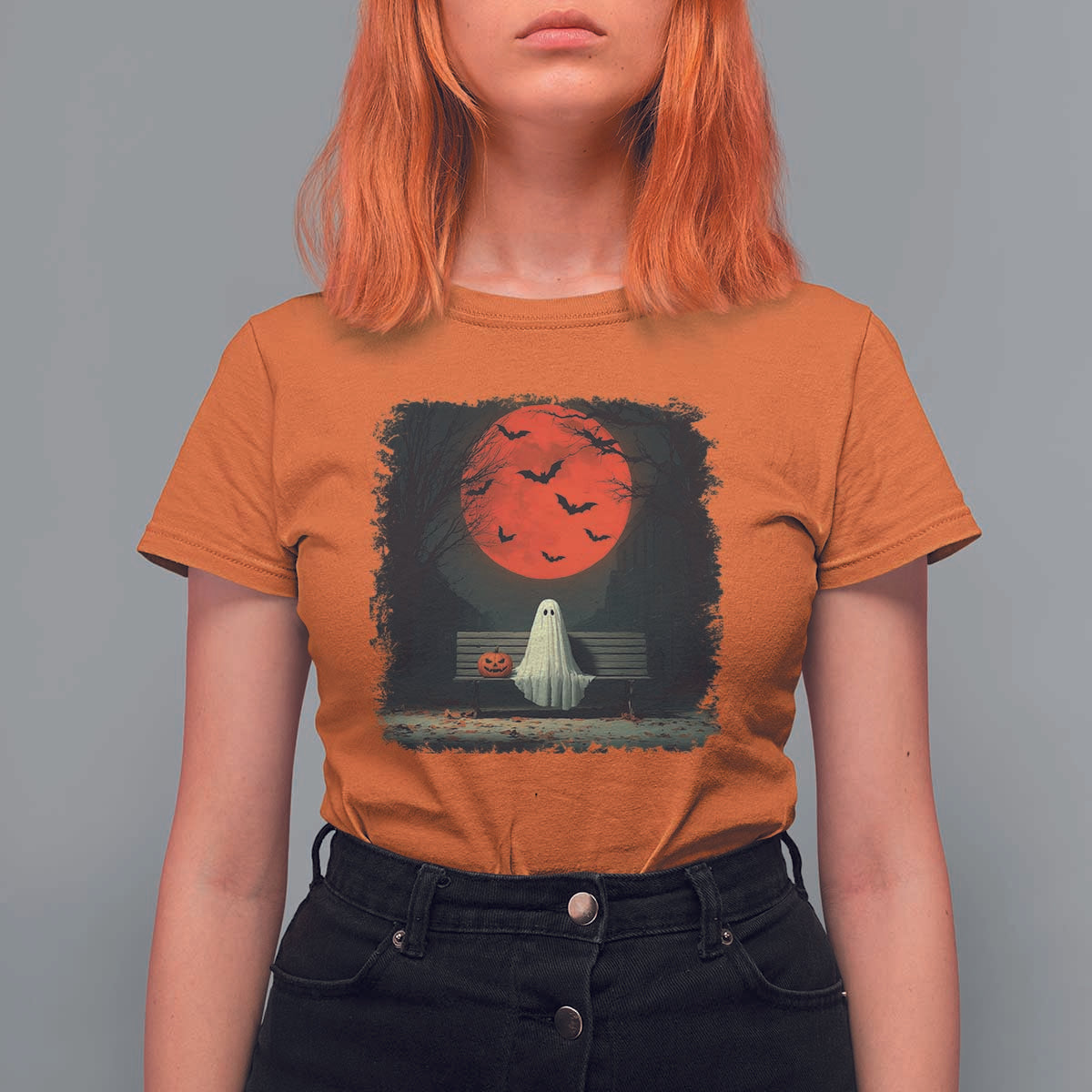Halloween Lonely Ghost Bench Blood Moon Pumpkin T Shirt For Women - Wonder Print Shop