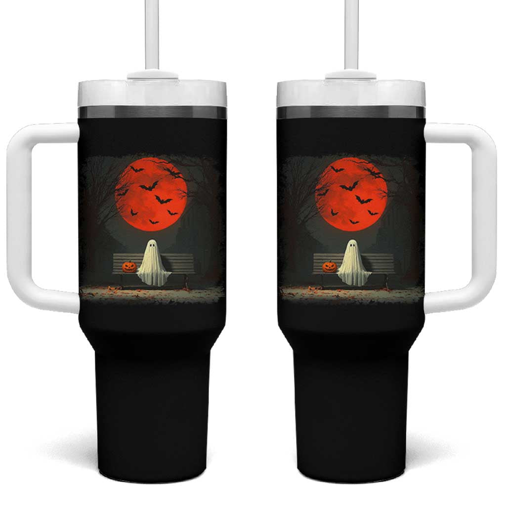 Halloween Lonely Ghost Bench Blood Moon Pumpkin Tumbler With Handle - Wonder Print Shop