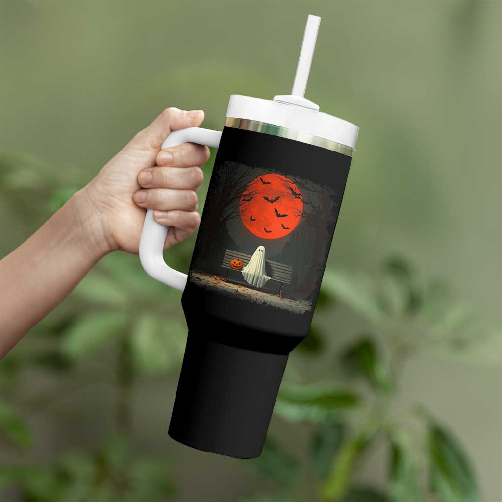 Halloween Lonely Ghost Bench Blood Moon Pumpkin Tumbler With Handle - Wonder Print Shop