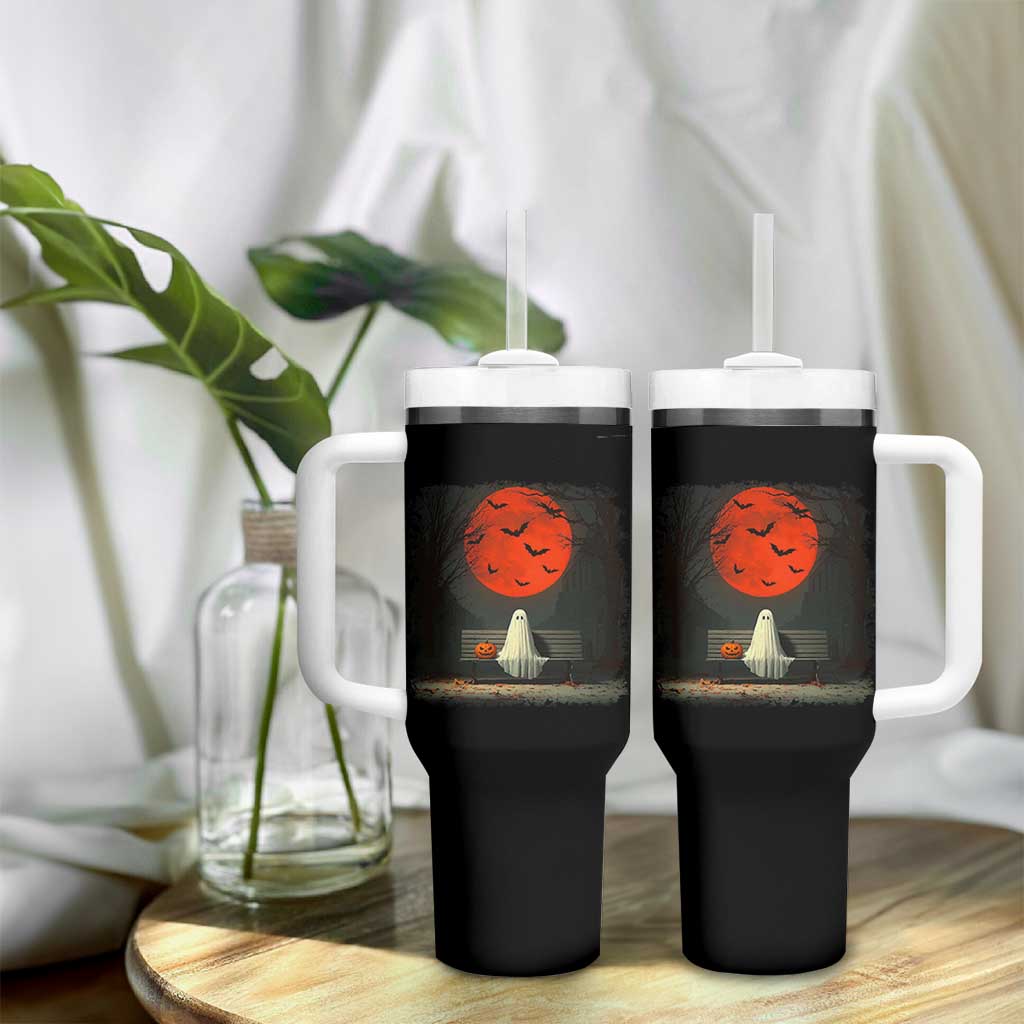 Halloween Lonely Ghost Bench Blood Moon Pumpkin Tumbler With Handle - Wonder Print Shop