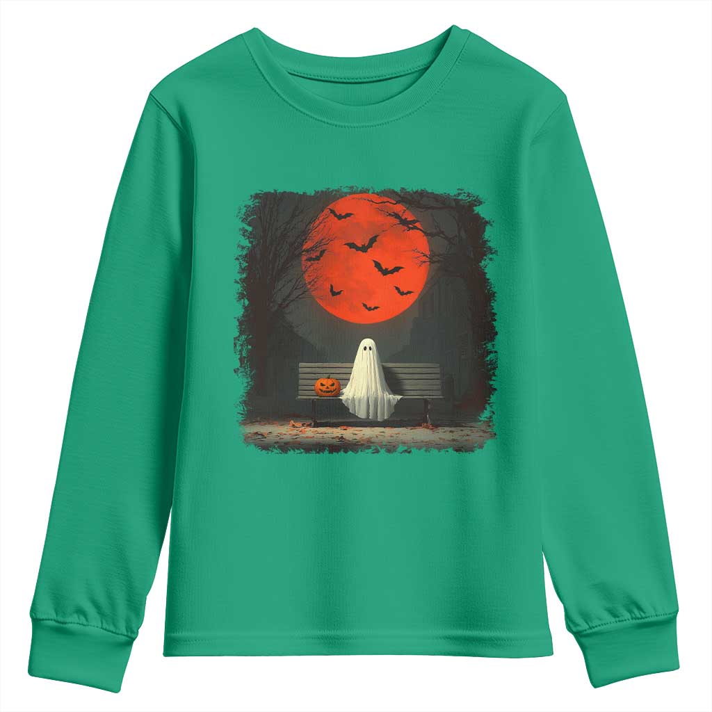 Halloween Lonely Ghost Bench Blood Moon Pumpkin Youth Sweatshirt - Wonder Print Shop