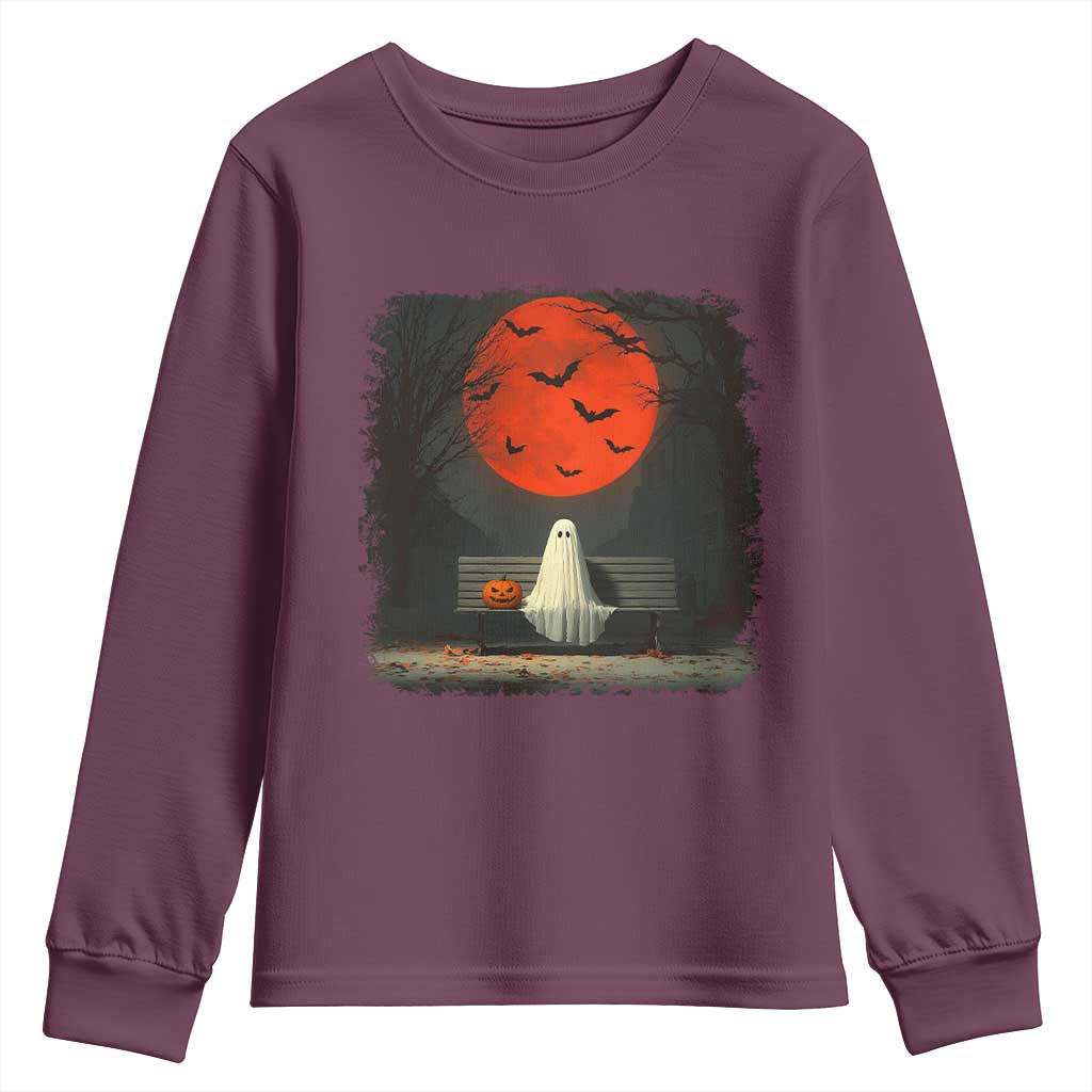 Halloween Lonely Ghost Bench Blood Moon Pumpkin Youth Sweatshirt - Wonder Print Shop