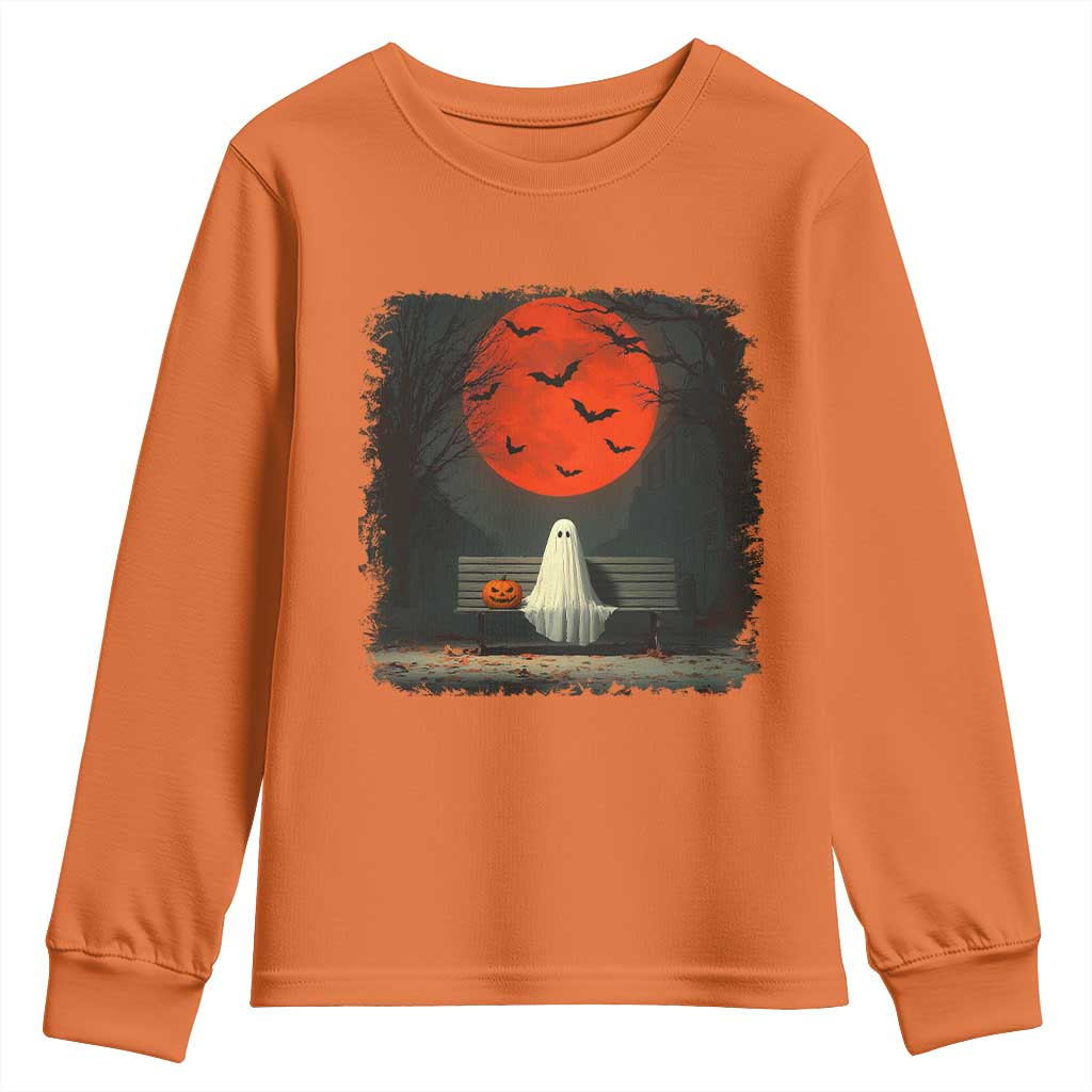 Halloween Lonely Ghost Bench Blood Moon Pumpkin Youth Sweatshirt - Wonder Print Shop
