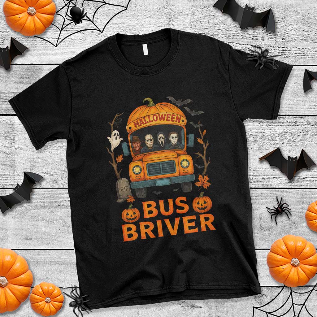 Funny Halloween Bus Driver T Shirt Horror Slashers Pumpkin School Bus Spooky Season - Wonder Print Shop