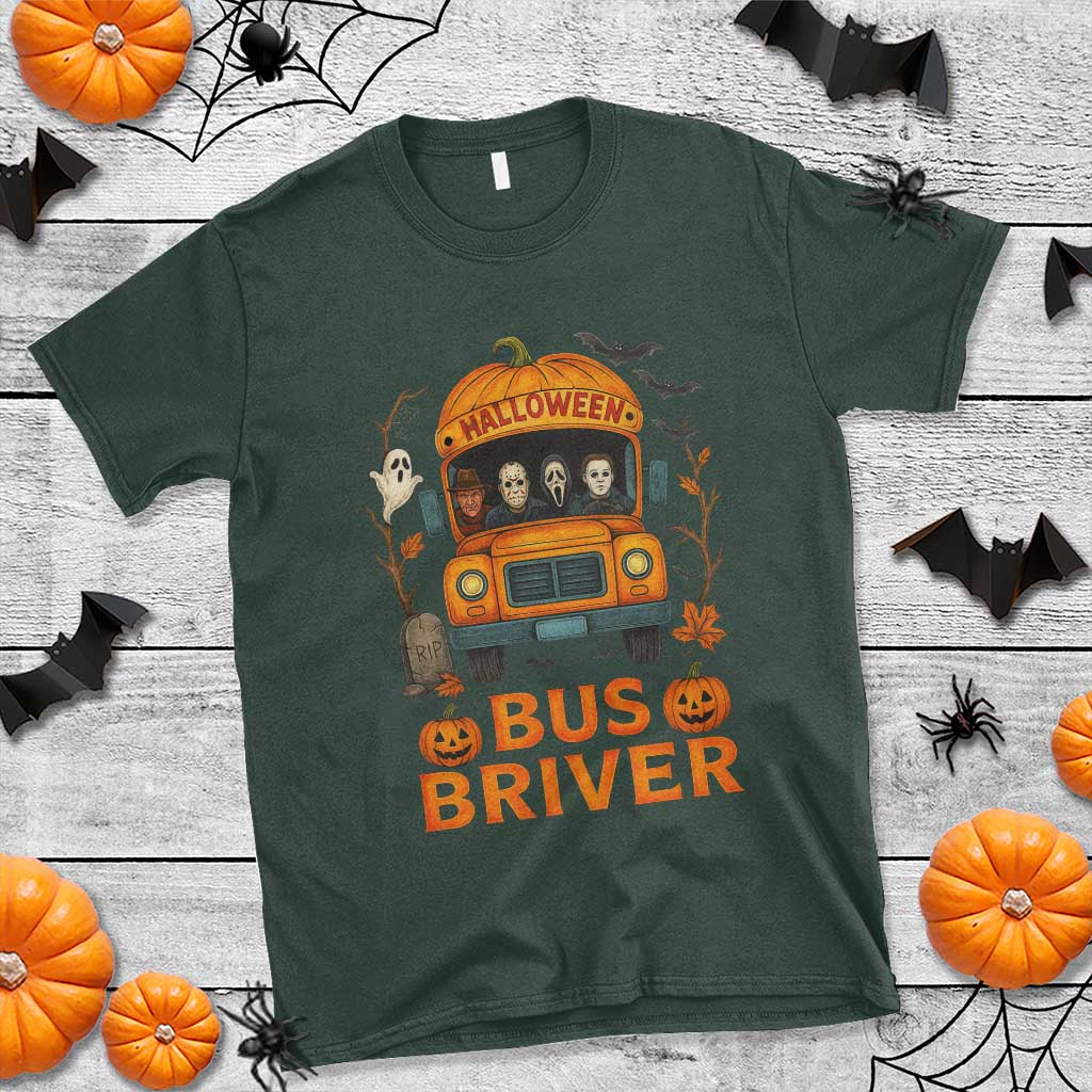 Funny Halloween Bus Driver T Shirt Horror Slashers Pumpkin School Bus Spooky Season - Wonder Print Shop