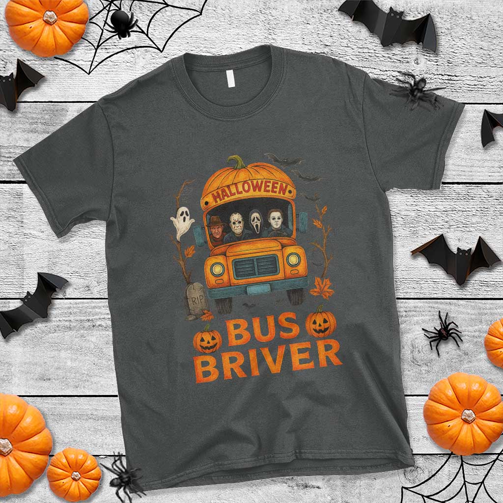 Funny Halloween Bus Driver T Shirt Horror Slashers Pumpkin School Bus Spooky Season - Wonder Print Shop