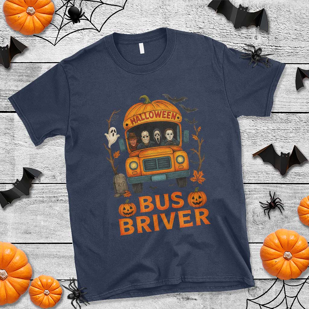 Funny Halloween Bus Driver T Shirt Horror Slashers Pumpkin School Bus Spooky Season - Wonder Print Shop