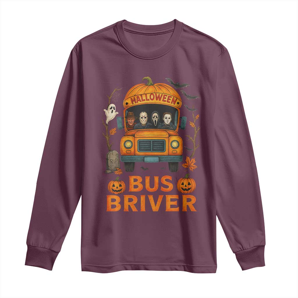 Funny Halloween Bus Driver Long Sleeve Shirt Horror Slashers Pumpkin School Bus Spooky Season - Wonder Print Shop