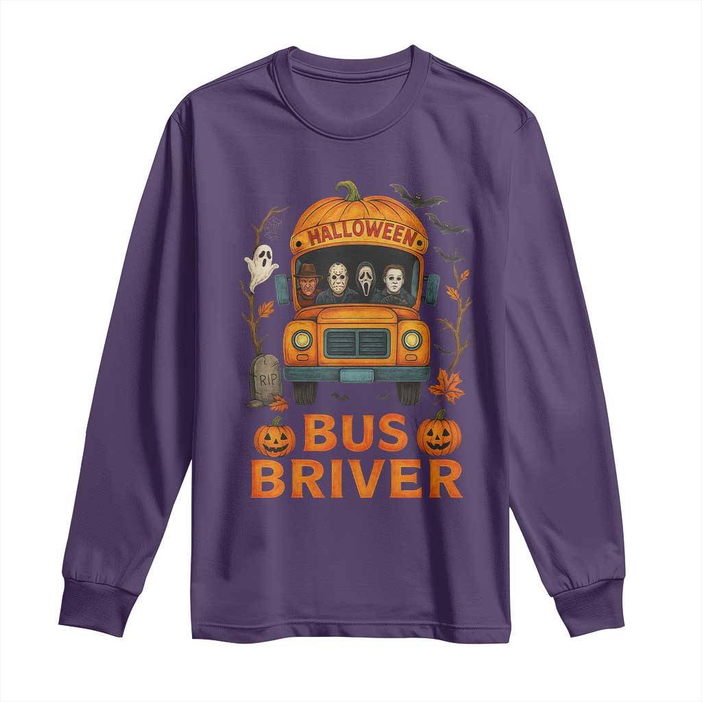 Funny Halloween Bus Driver Long Sleeve Shirt Horror Slashers Pumpkin School Bus Spooky Season - Wonder Print Shop