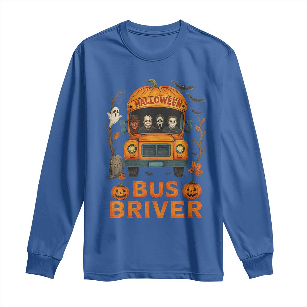 Funny Halloween Bus Driver Long Sleeve Shirt Horror Slashers Pumpkin School Bus Spooky Season - Wonder Print Shop