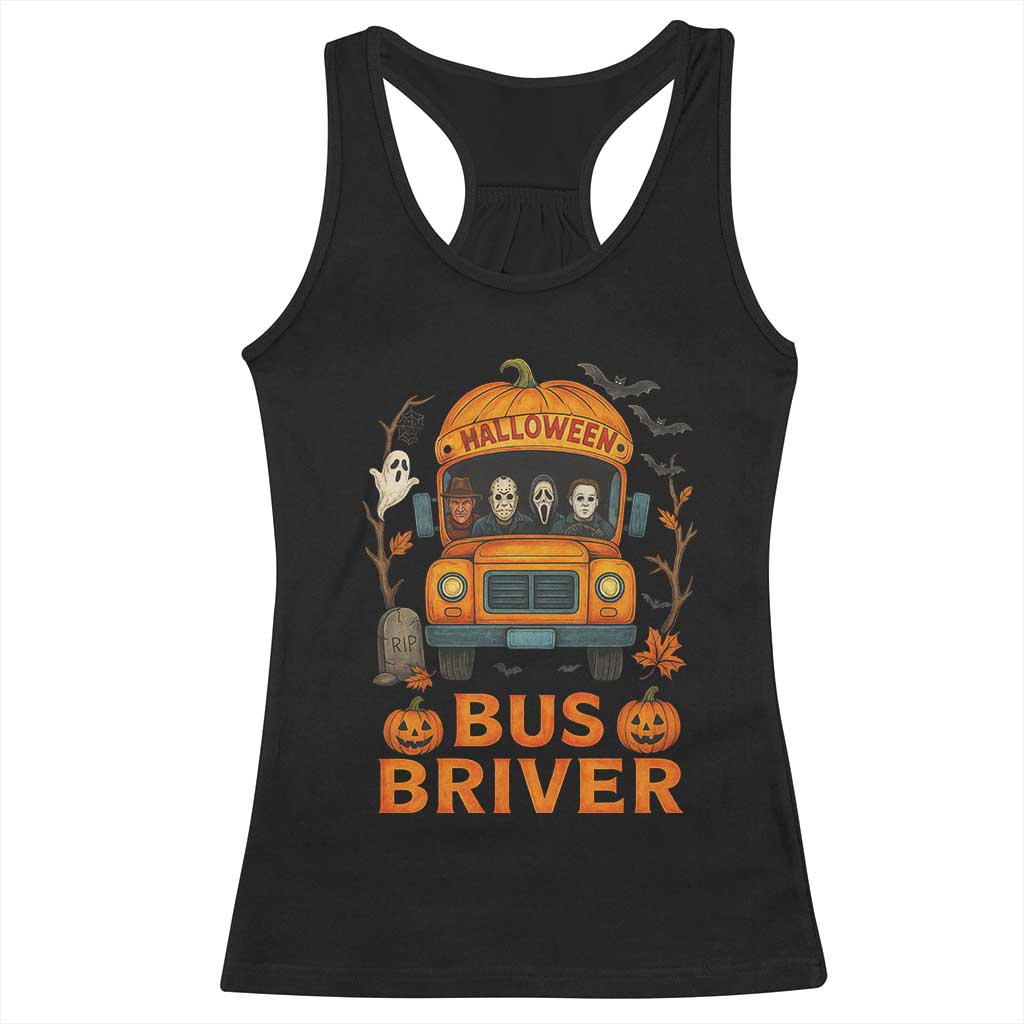 Funny Halloween Bus Driver Racerback Tank Top Horror Slashers Pumpkin School Bus Spooky Season - Wonder Print Shop