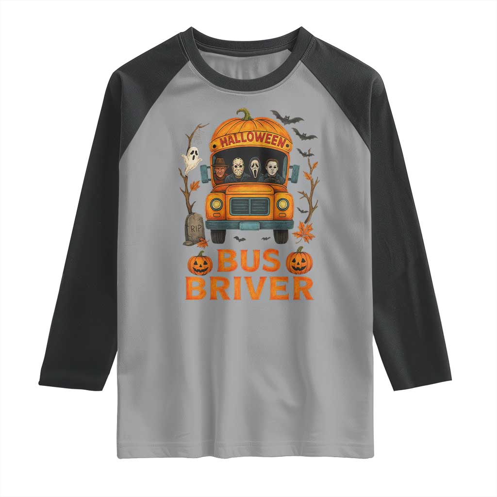 Funny Halloween Bus Driver Raglan Shirt Horror Slashers Pumpkin School Bus Spooky Season - Wonder Print Shop