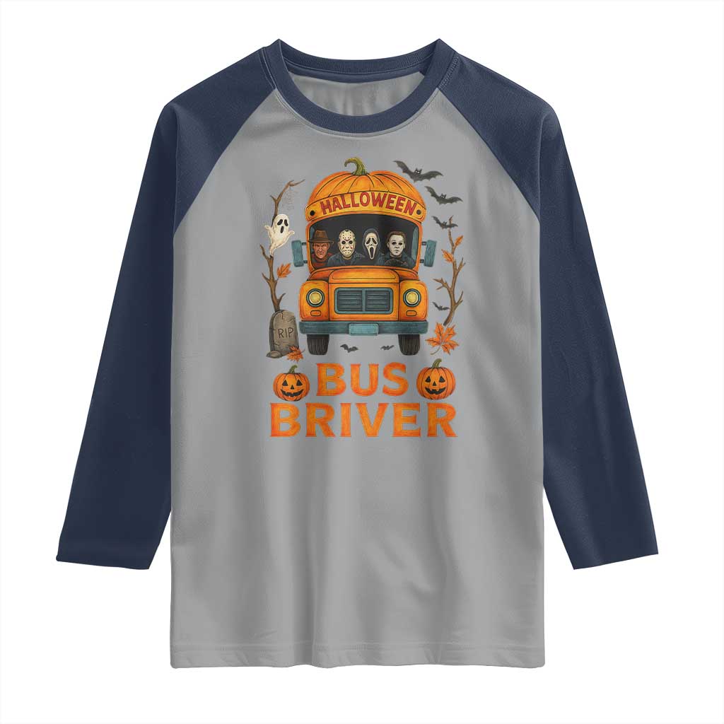 Funny Halloween Bus Driver Raglan Shirt Horror Slashers Pumpkin School Bus Spooky Season - Wonder Print Shop