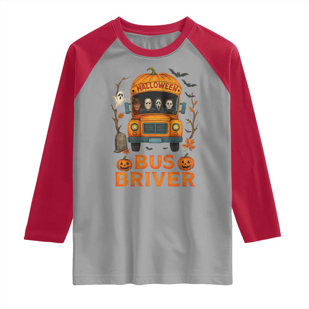 Funny Halloween Bus Driver Raglan Shirt Horror Slashers Pumpkin School Bus Spooky Season - Wonder Print Shop