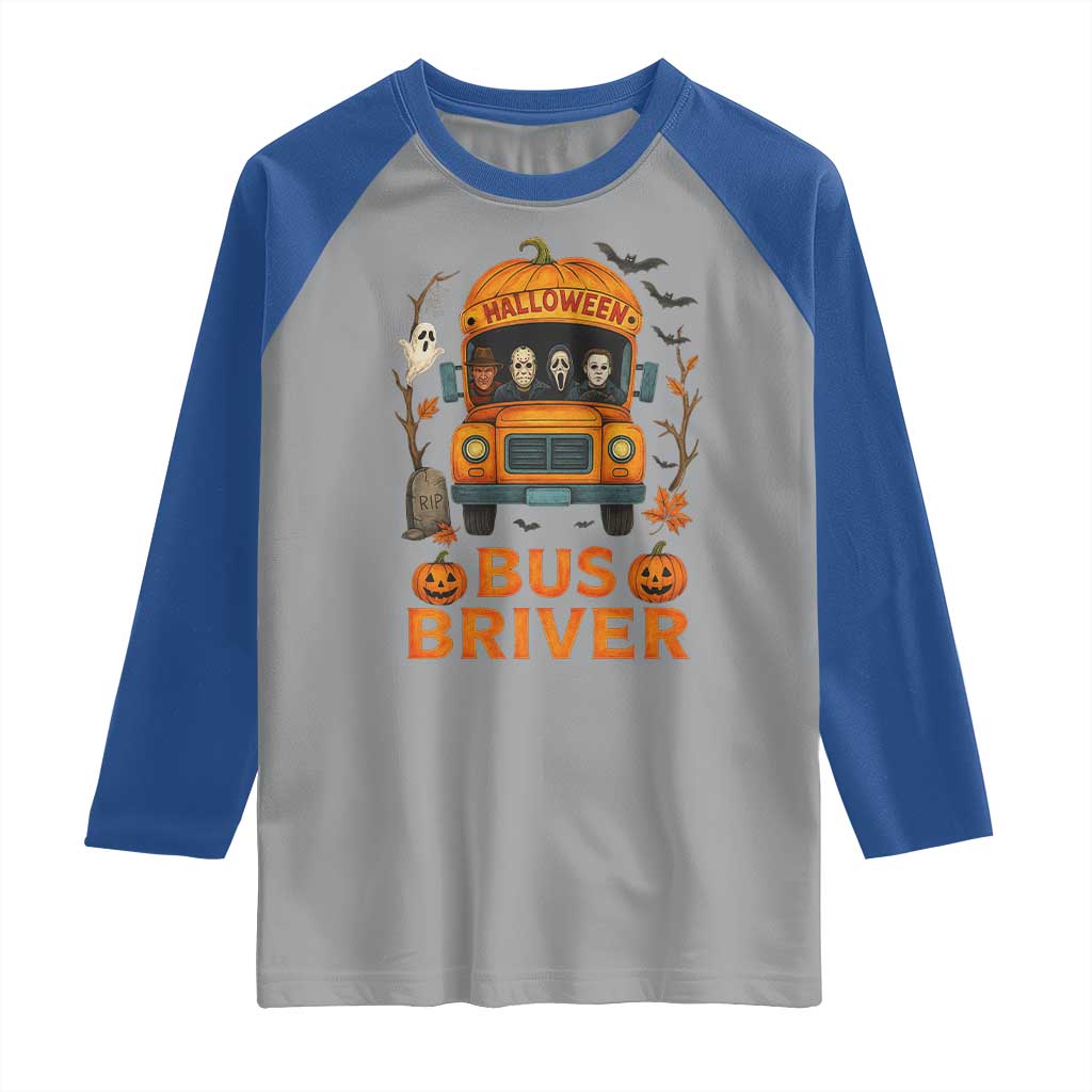 Funny Halloween Bus Driver Raglan Shirt Horror Slashers Pumpkin School Bus Spooky Season - Wonder Print Shop