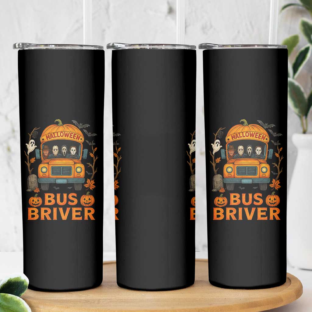 Funny Halloween Bus Driver Skinny Tumbler Horror Slashers Pumpkin School Bus Spooky Season - Wonder Print Shop