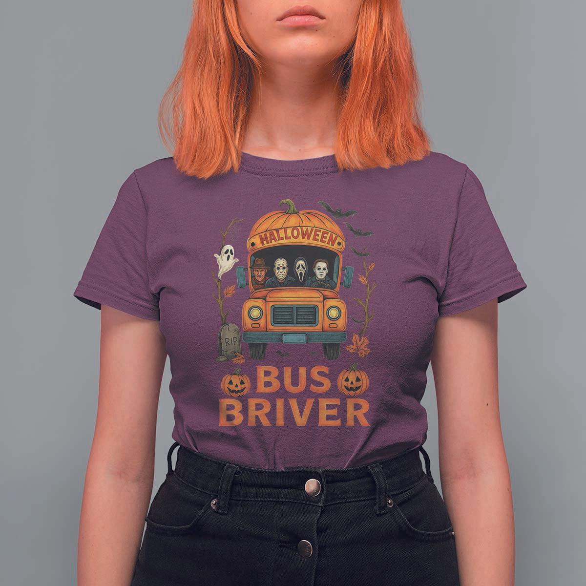 Funny Halloween Bus Driver T Shirt For Women Horror Slashers Pumpkin School Bus Spooky Season - Wonder Print Shop
