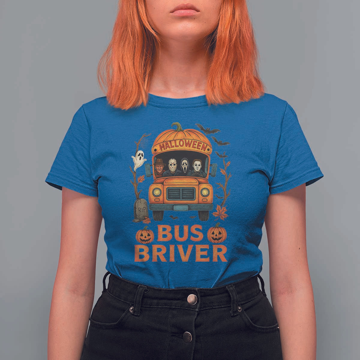 Funny Halloween Bus Driver T Shirt For Women Horror Slashers Pumpkin School Bus Spooky Season - Wonder Print Shop