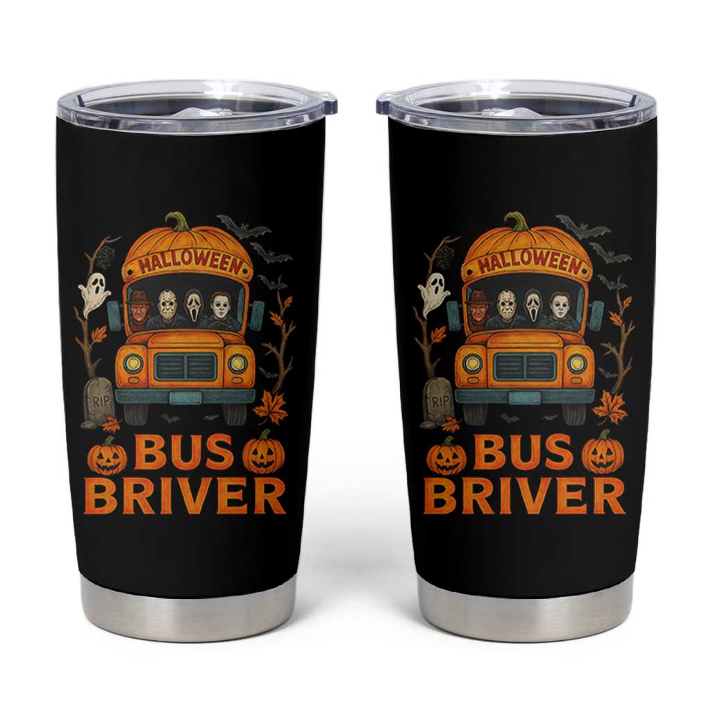 Funny Halloween Bus Driver Tumbler Cup Horror Slashers Pumpkin School Bus Spooky Season - Wonder Print Shop