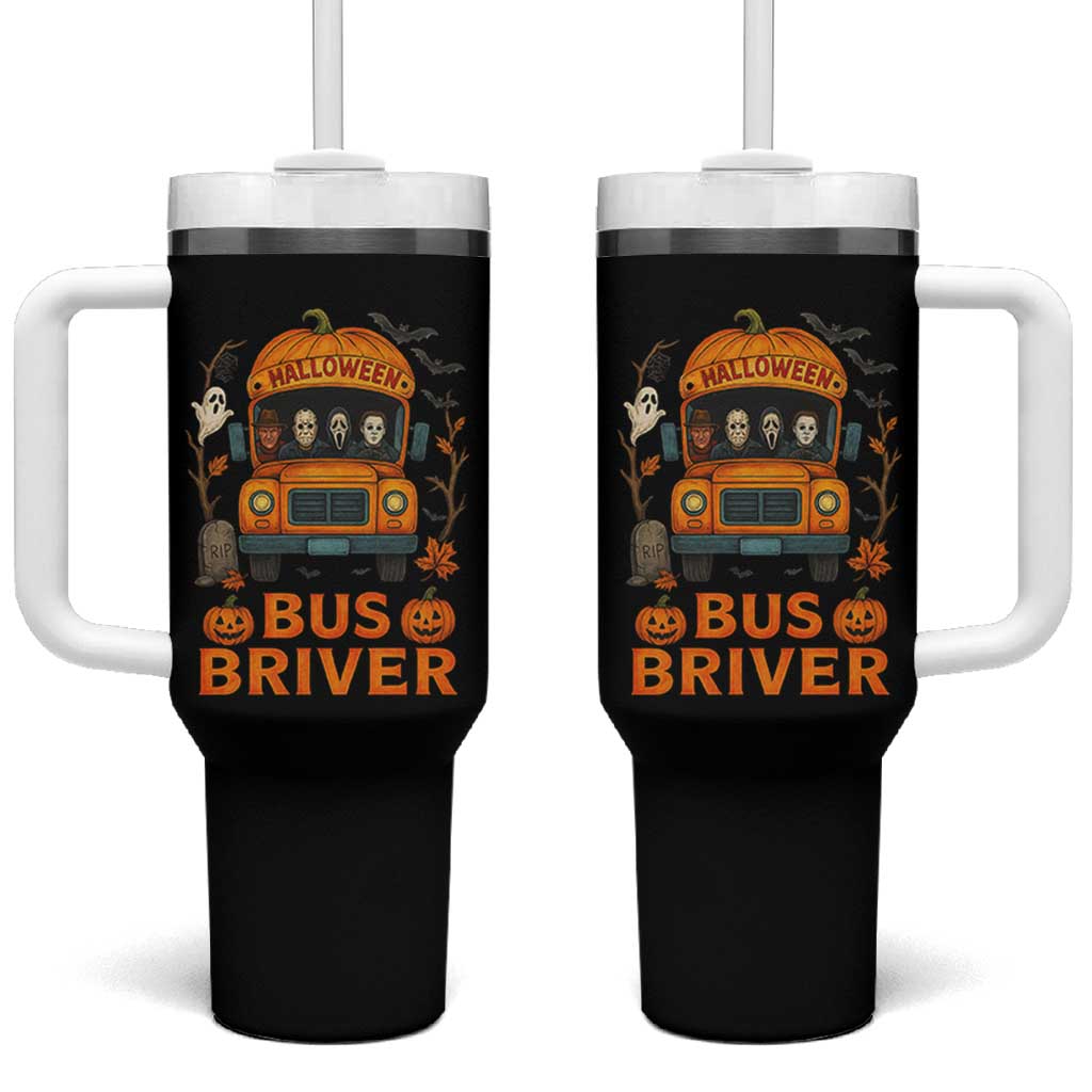 Funny Halloween Bus Driver Tumbler With Handle Horror Slashers Pumpkin School Bus Spooky Season - Wonder Print Shop