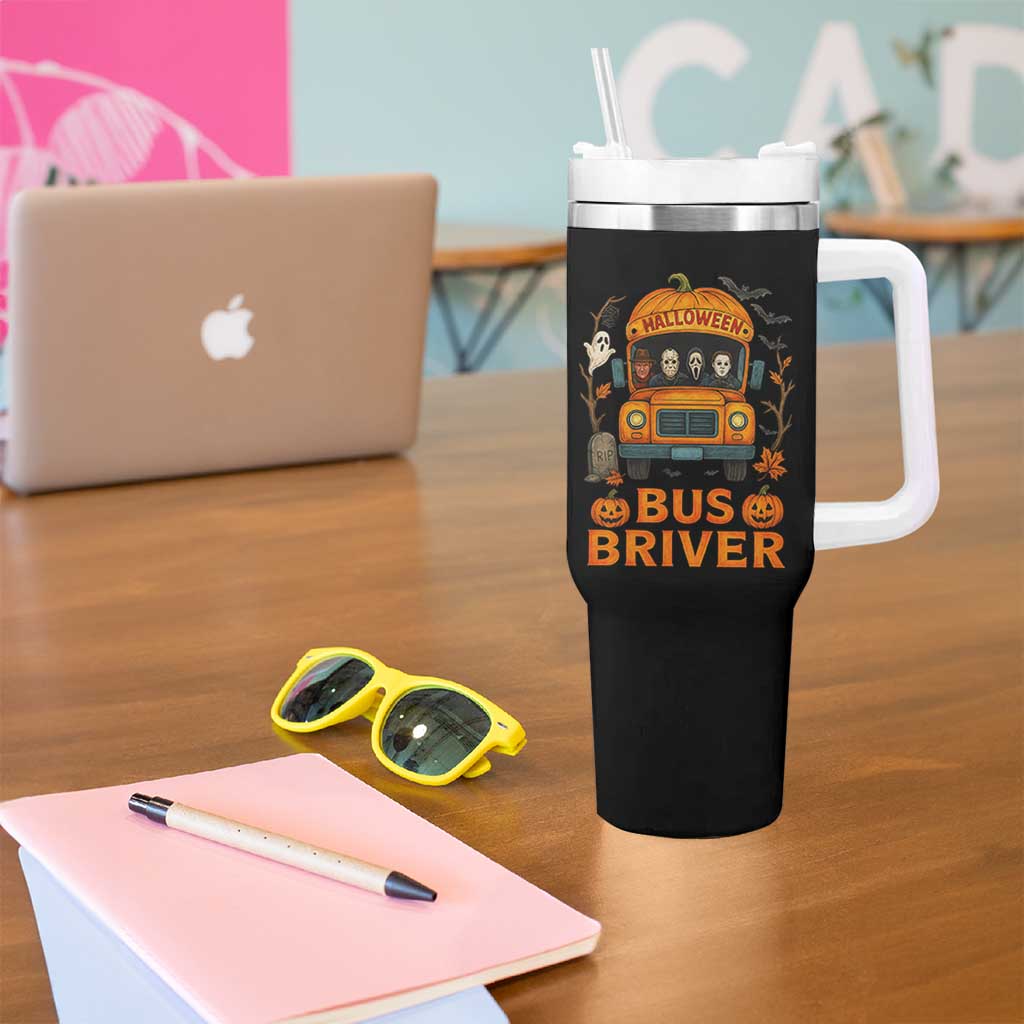 Funny Halloween Bus Driver Tumbler With Handle Horror Slashers Pumpkin School Bus Spooky Season - Wonder Print Shop