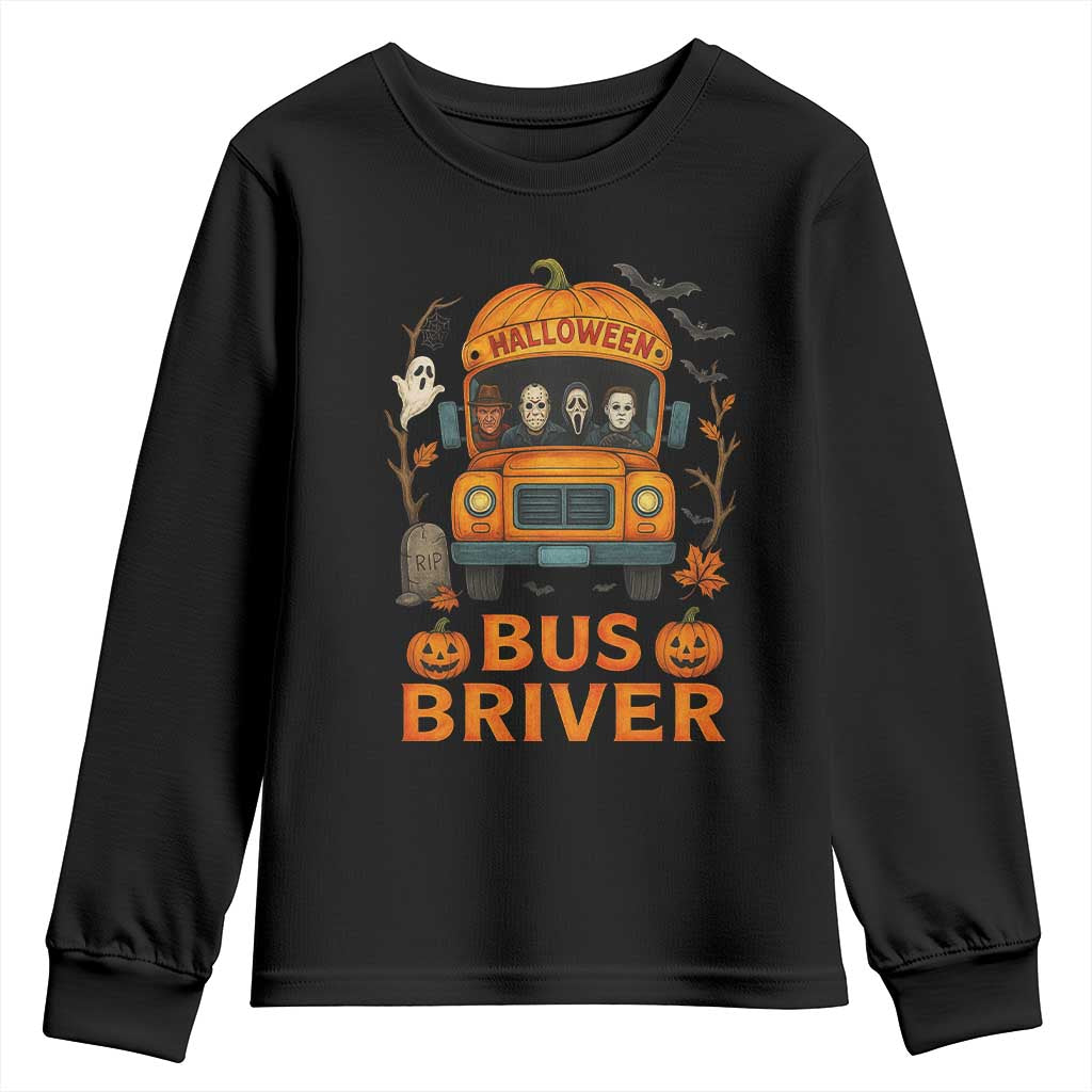Funny Halloween Bus Driver Youth Sweatshirt Horror Slashers Pumpkin School Bus Spooky Season - Wonder Print Shop