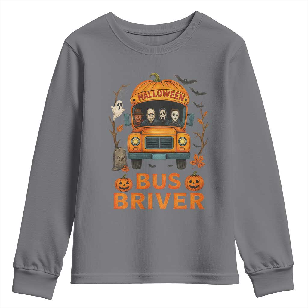Funny Halloween Bus Driver Youth Sweatshirt Horror Slashers Pumpkin School Bus Spooky Season - Wonder Print Shop
