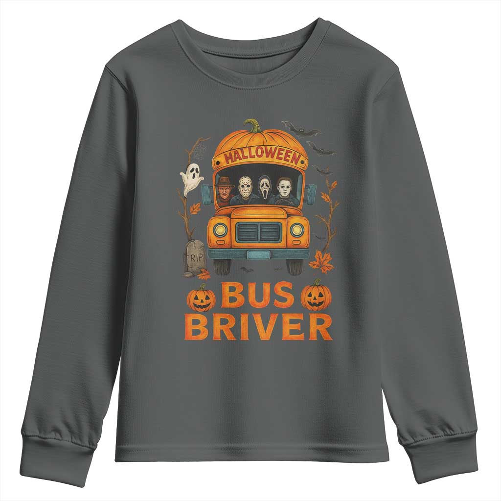 Funny Halloween Bus Driver Youth Sweatshirt Horror Slashers Pumpkin School Bus Spooky Season - Wonder Print Shop