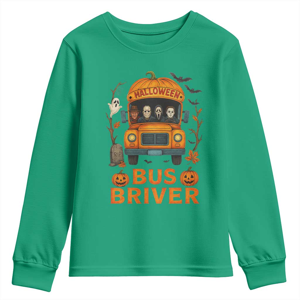Funny Halloween Bus Driver Youth Sweatshirt Horror Slashers Pumpkin School Bus Spooky Season - Wonder Print Shop